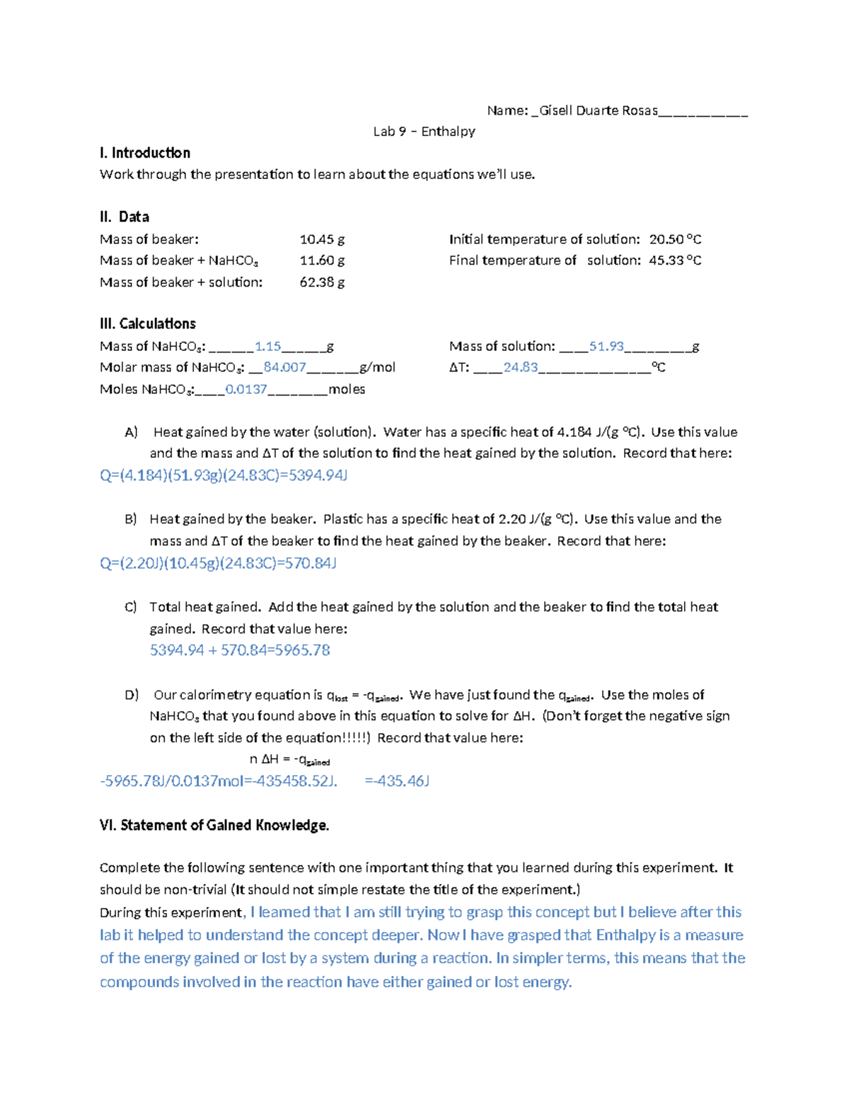 Lab 9 - Enthalpy Calculations and Gained Knowledge Summary - Studocu
