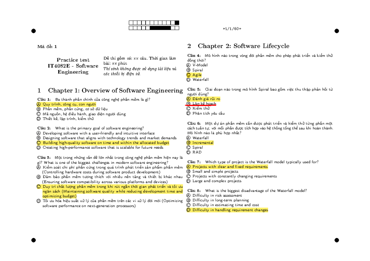 IT4082E Software Engineering Practice Test - Chapter Overview and ...