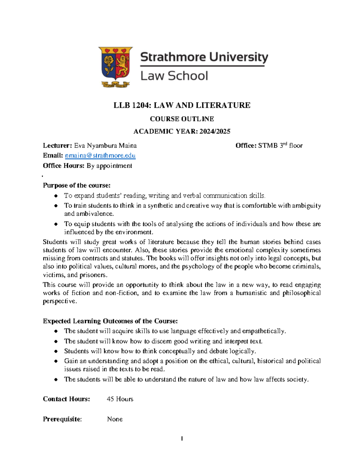 LLB 1204: Law and Literature Course Outline (2024-2025) - Studocu
