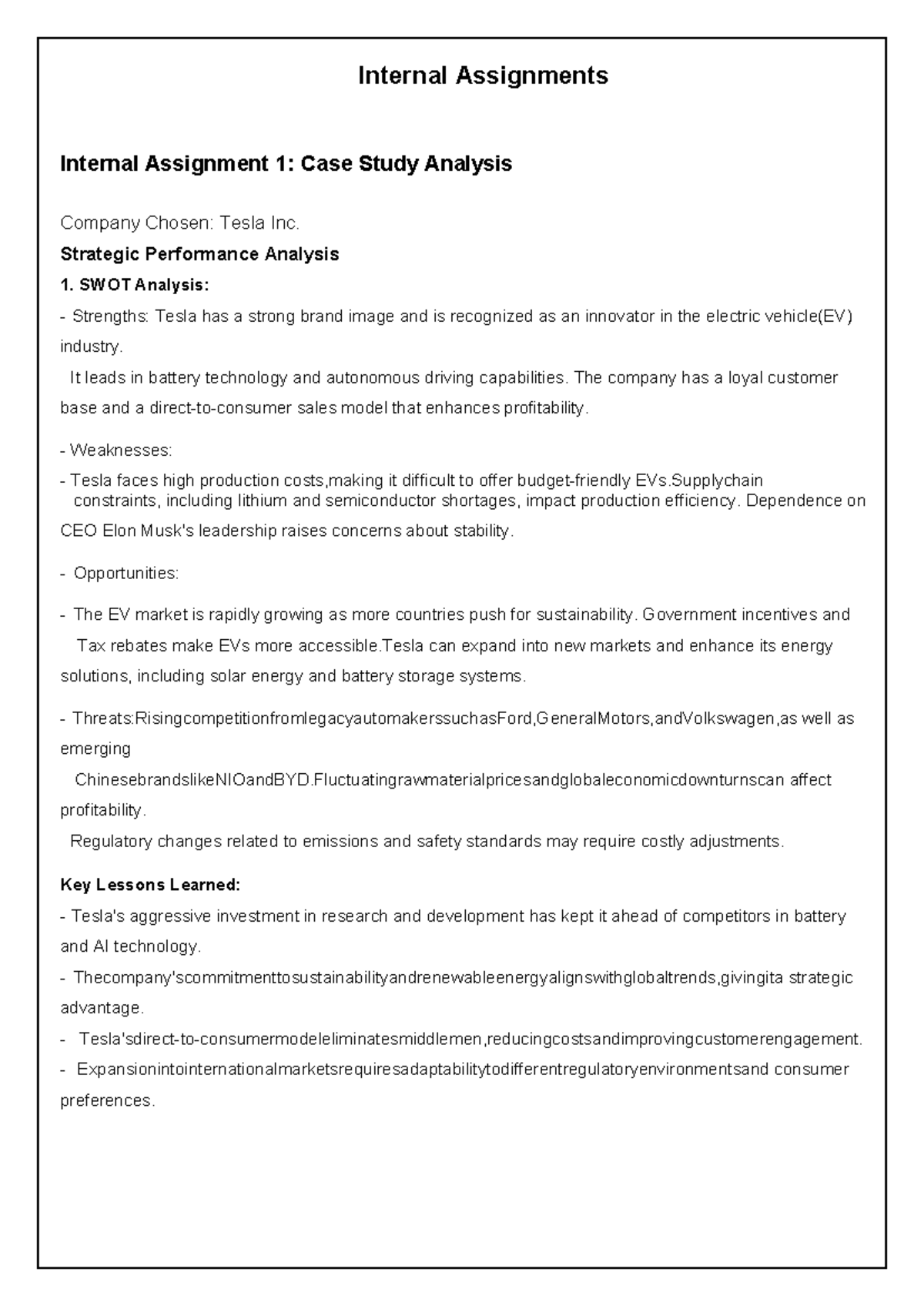 Internal Assignment 1: Tesla Inc. Case Study & Strategic Analysis - Studocu