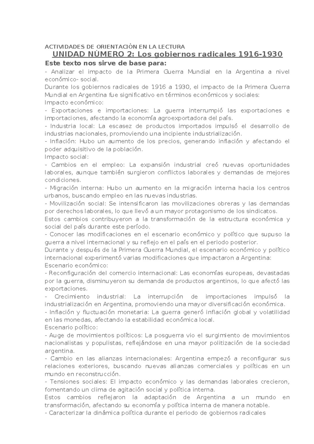 Guía de Lectura: Impacto de la Primera Guerra Mundial en Argentina ...
