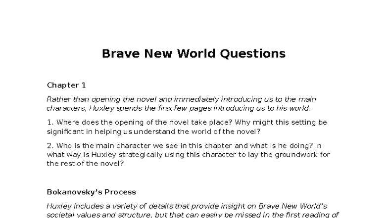 Brave New World Study Guide: Questions &amp; Analysis for Ch. 1-3 - Studocu
