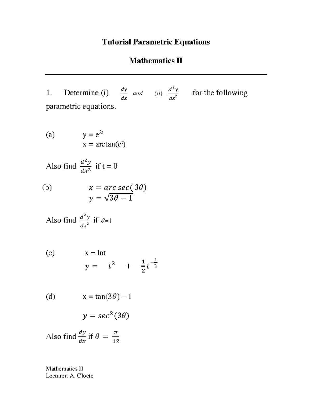 Tutorial Parametric functions - MATHS260 - Mathematics II Lecturer: A ...