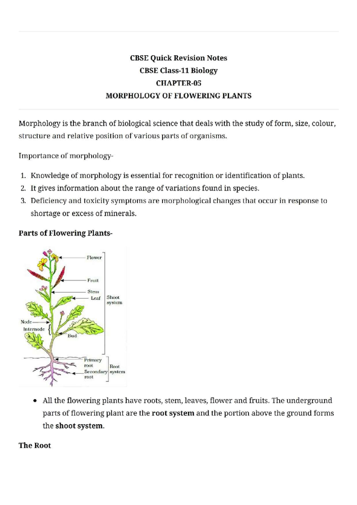 CBSE Quick Revision Notes: Morphology of Flowering Plants (Ch5) - Studocu