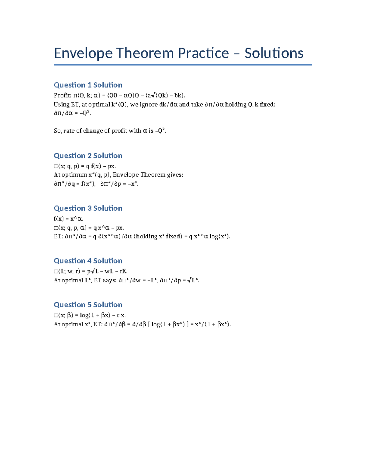 Envelope Theorem Solutions - Envelope Theorem Practice – Solutions ...