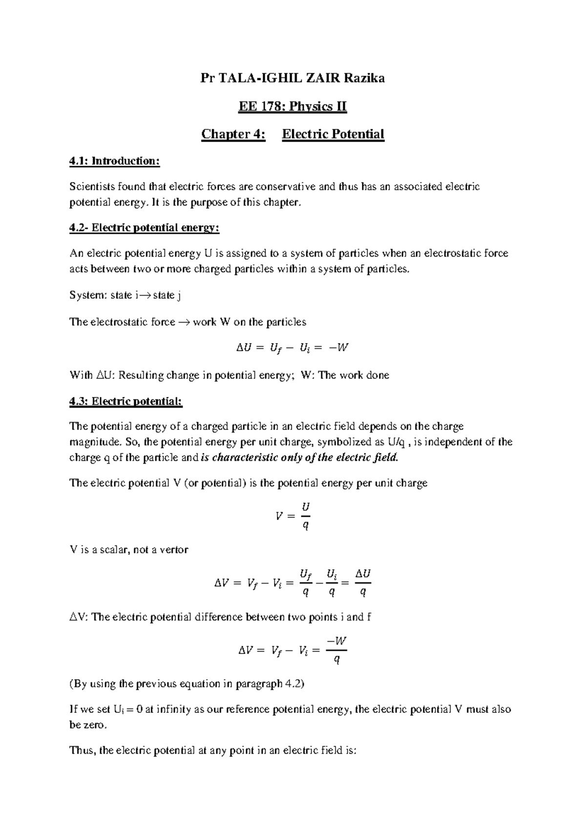 EE 178: Physics II Chapter 4 - Electric Potential Overview - Studocu