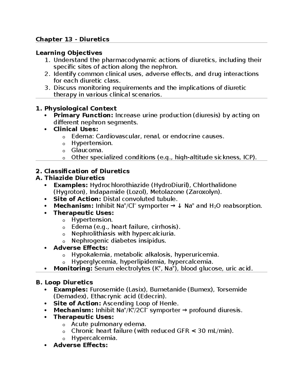 Ch 13: Comprehensive Study Guide on Diuretics and Their Mechanisms ...