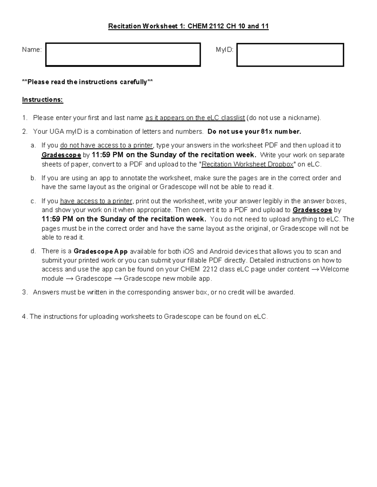 CHEM 2212 R1 - Recitation Worksheet for Chapters 10 and 11 - Studocu