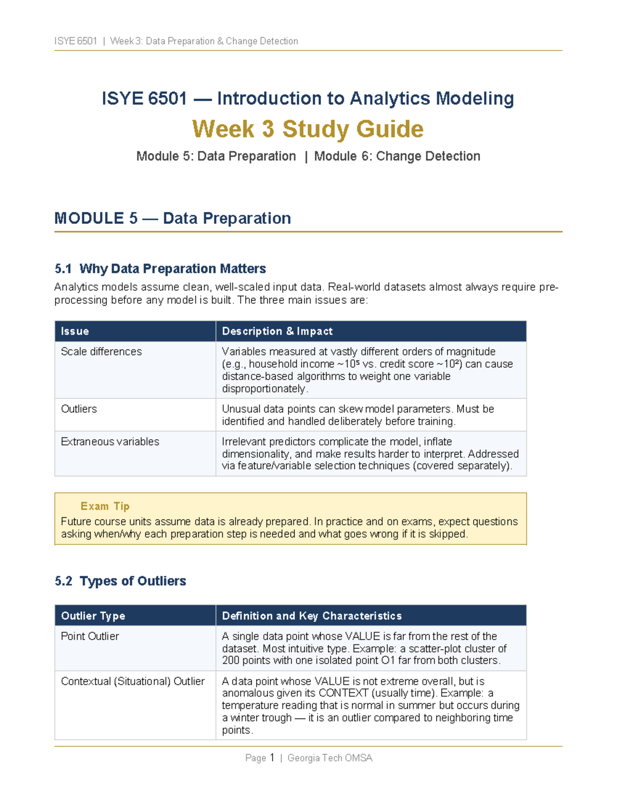 ISYE 6501 Week 3 Study Guide: Data Prep & Change Detection - Studocu