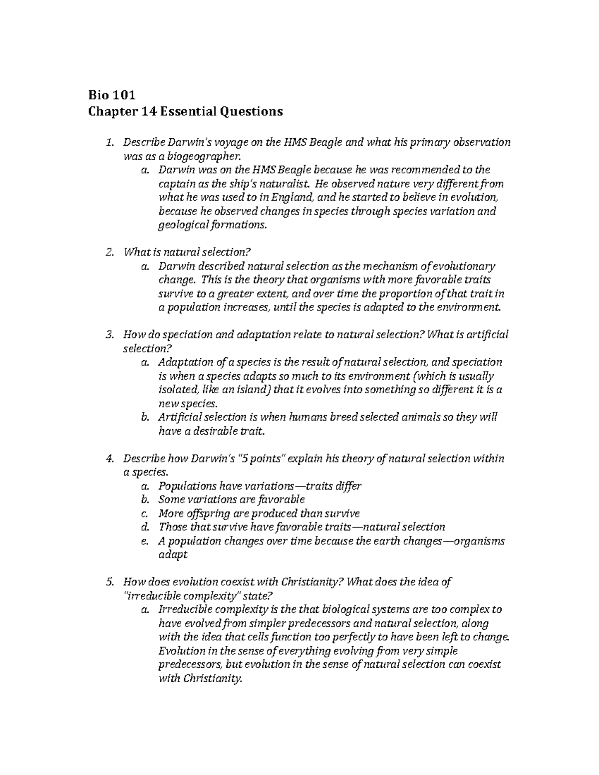 Essential Questions for Bio 101 - Exam 3 Study Guide - Studocu