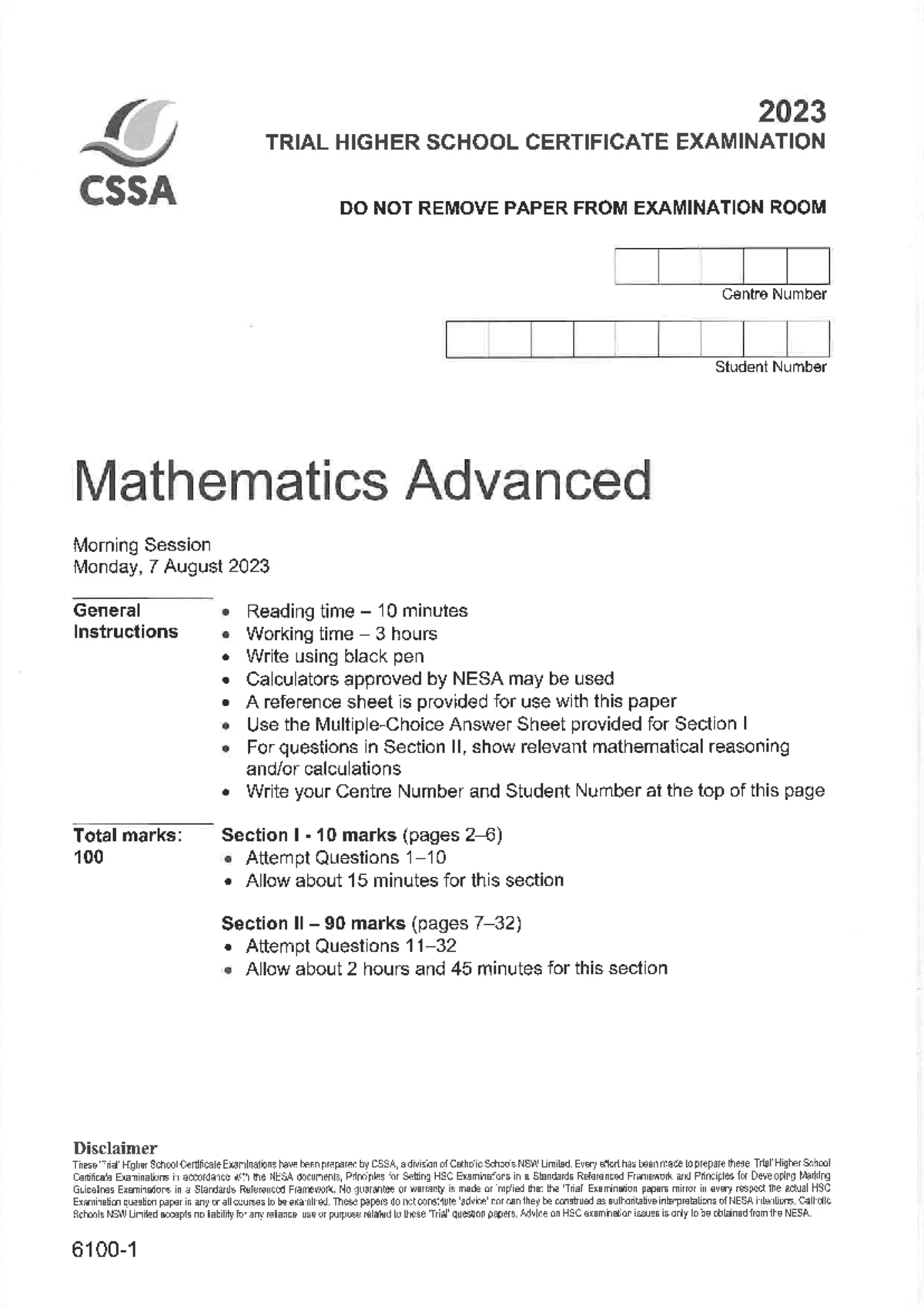 2023 CSSA Trial HSC Mathematics Advanced Exam Paper - Studocu