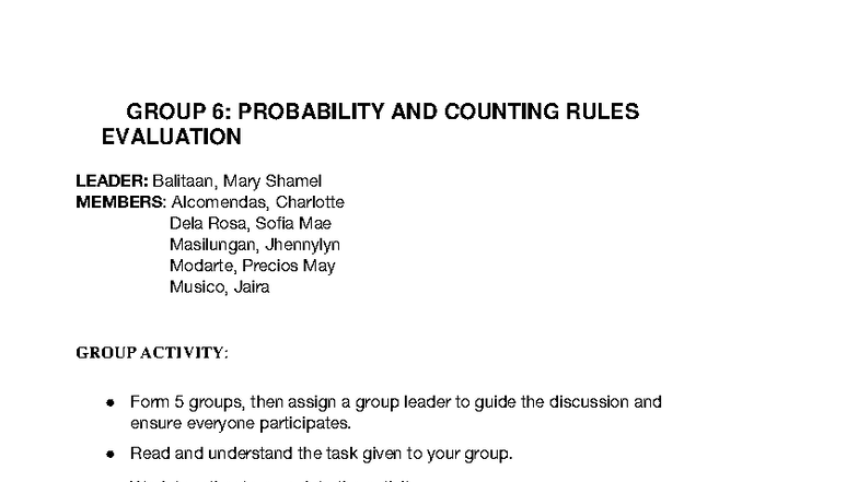Group 6: Probability & Counting Rules Evaluation Activity - Studocu