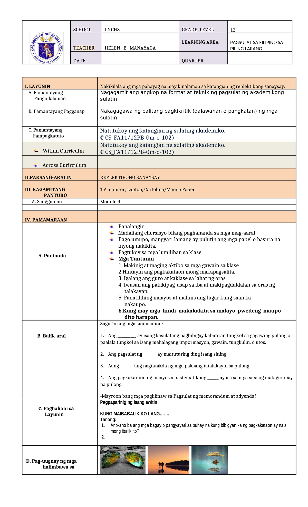 Replektibong Sanaysay sa Pagsulat sa Filipino (Grade 12) 2023 - Studocu