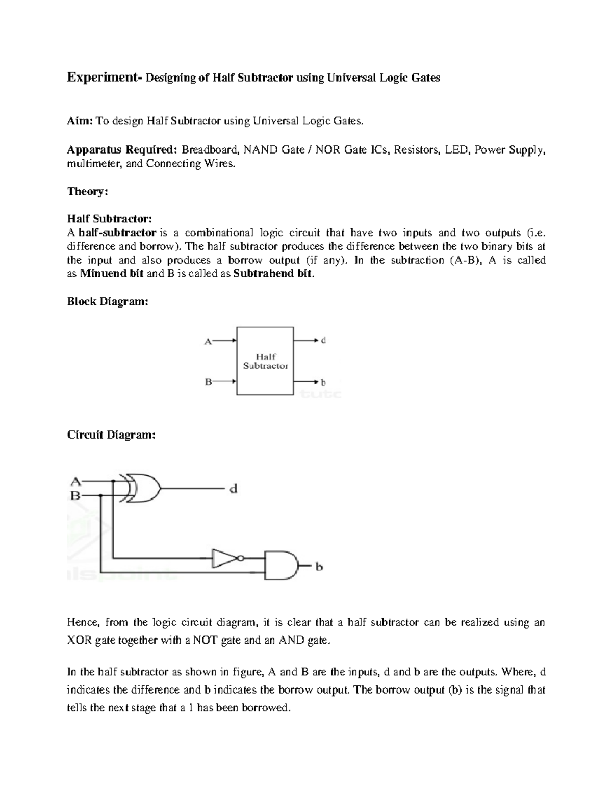 Designing a Half Subtractor Using Universal Logic Gates - DE Lab ...