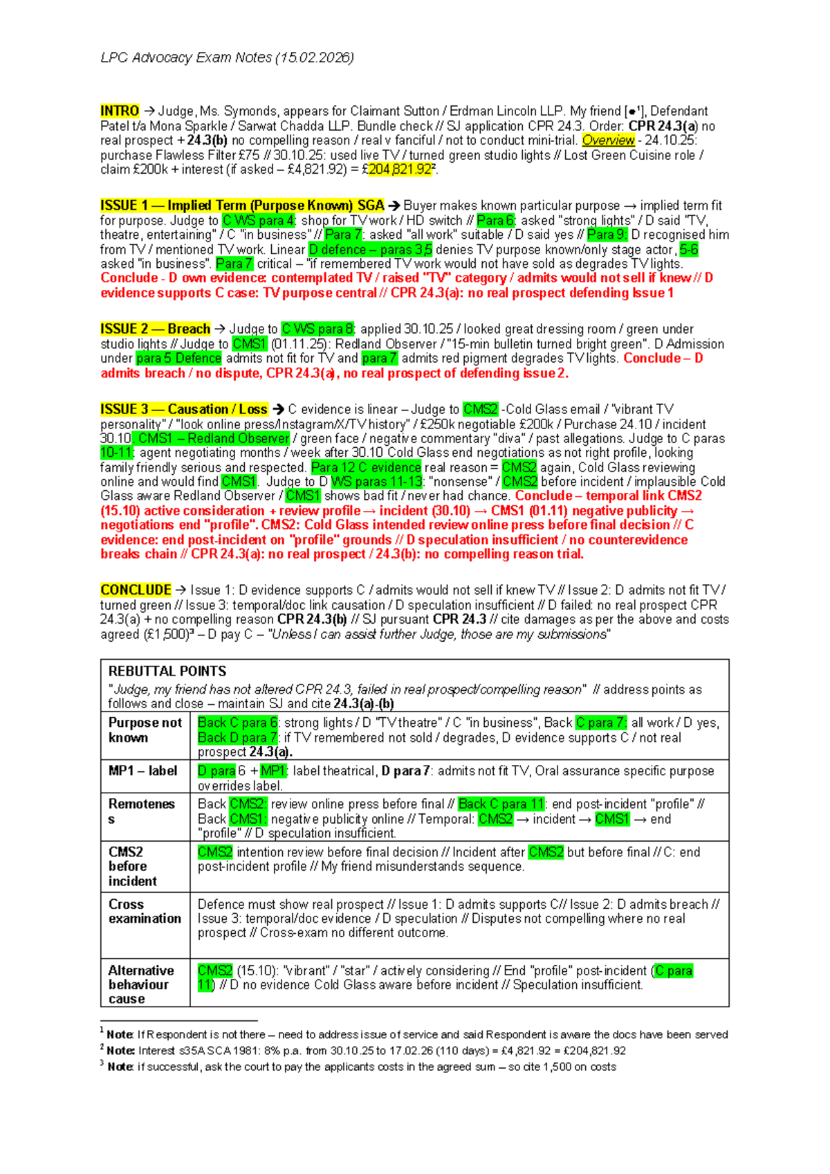 LPC Advocacy Exam Notes - Case Analysis (15.02.2026) - Studocu