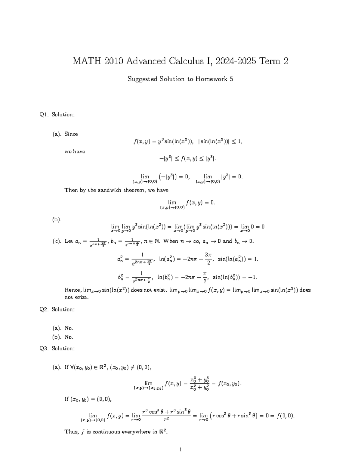 MATH 2010 Advanced Calculus I, Term 2 Homework 5 Solutions - Studocu