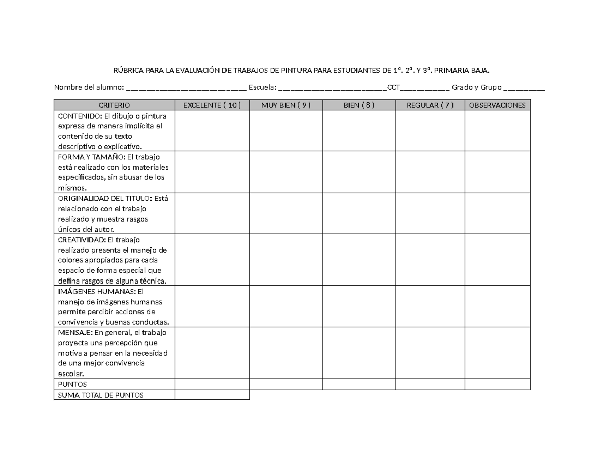 Rúbrica para Evaluación de Trabajos de Pintura - 1º a 3º Primaria - Studocu