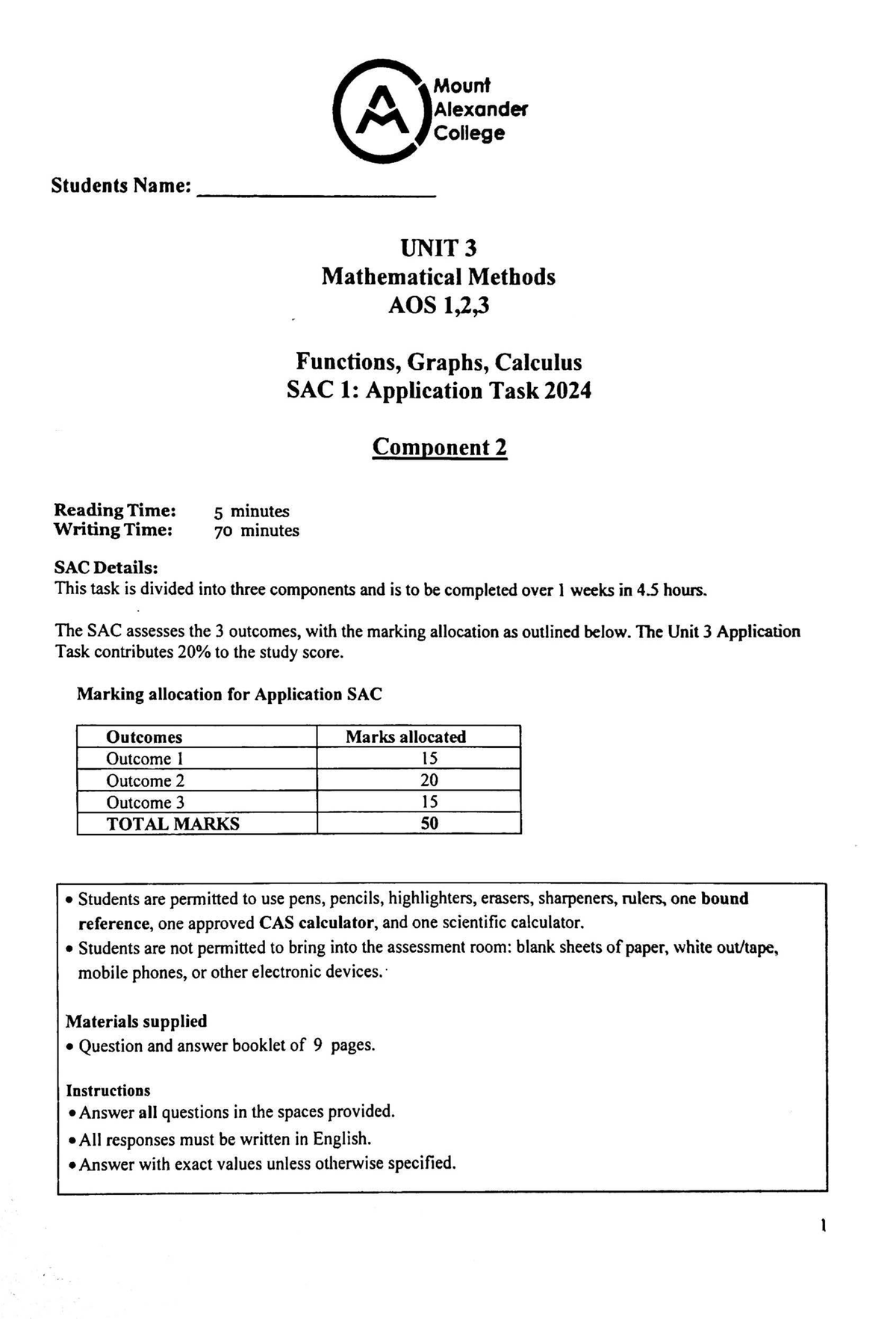 Unit 3 Mathematical Methods AOS 1,2,3 Functions & Calculus SAC 1 2024 ...