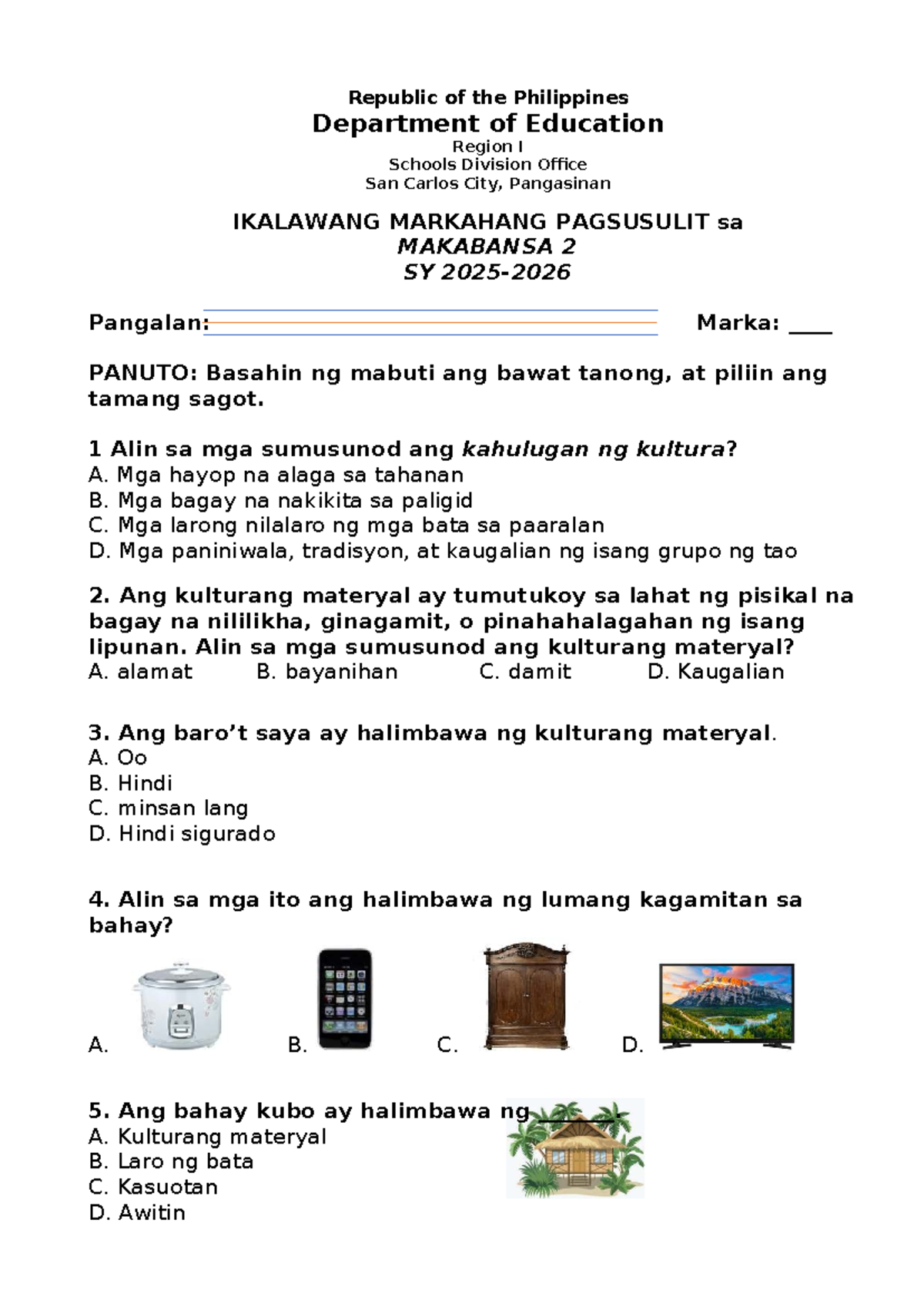 2nd Quarter Test Questions for Makabansa 2 - Lecture Notes - Document Preview