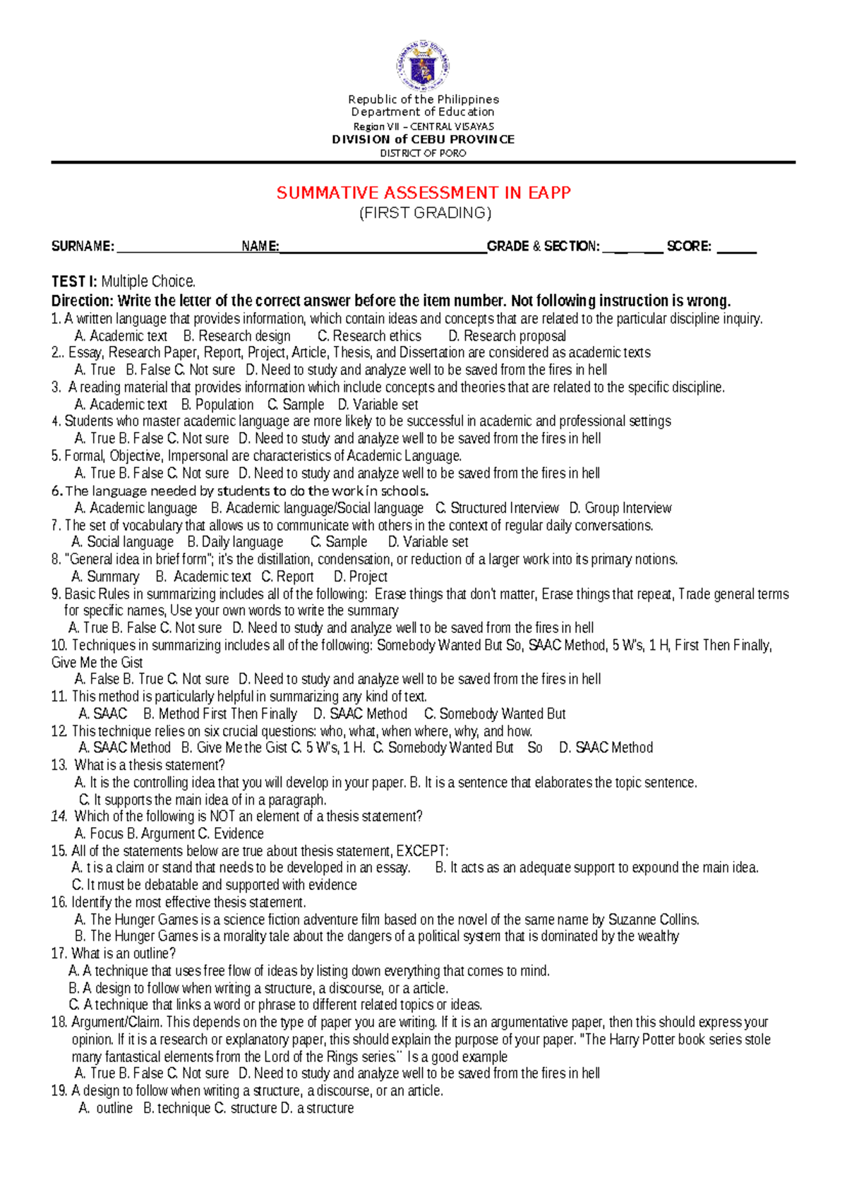 Summative Assessment EAPP 10 - First Grading - October 2023 - Studocu