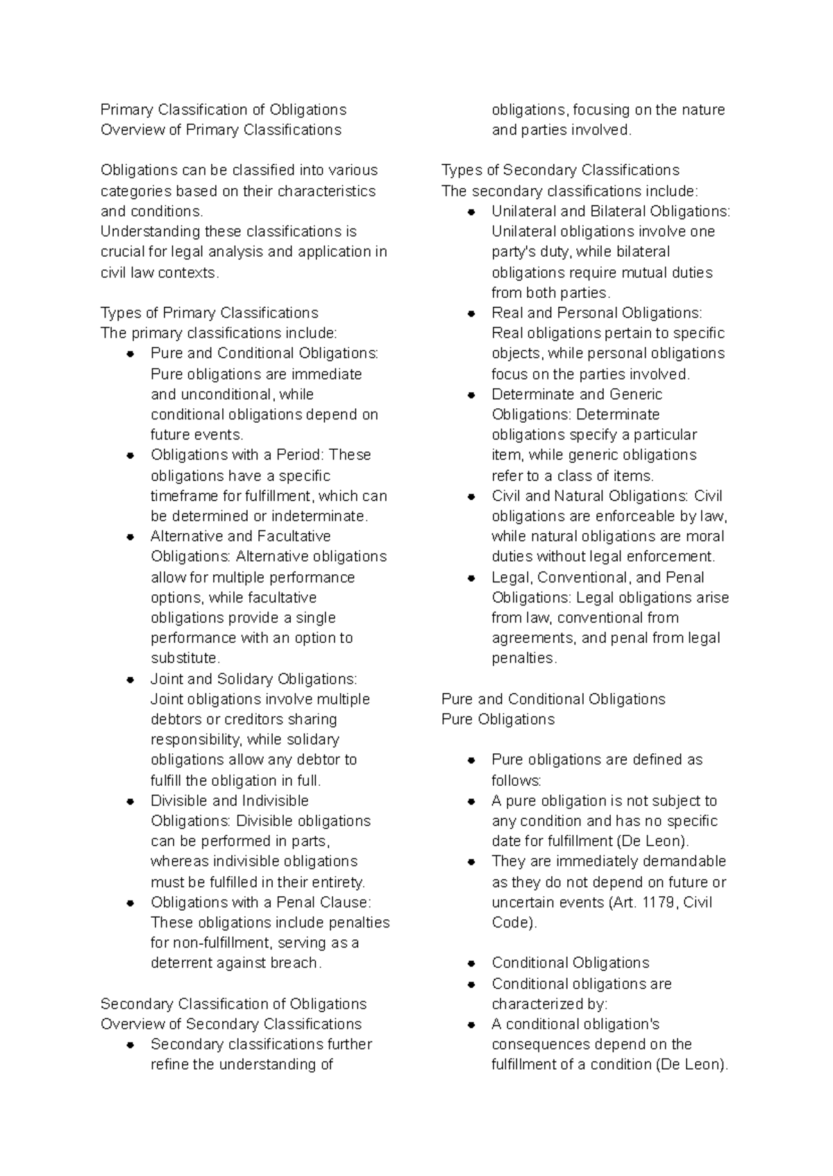 Notes - Summarize - Primary Classification of Obligations Overview of ...