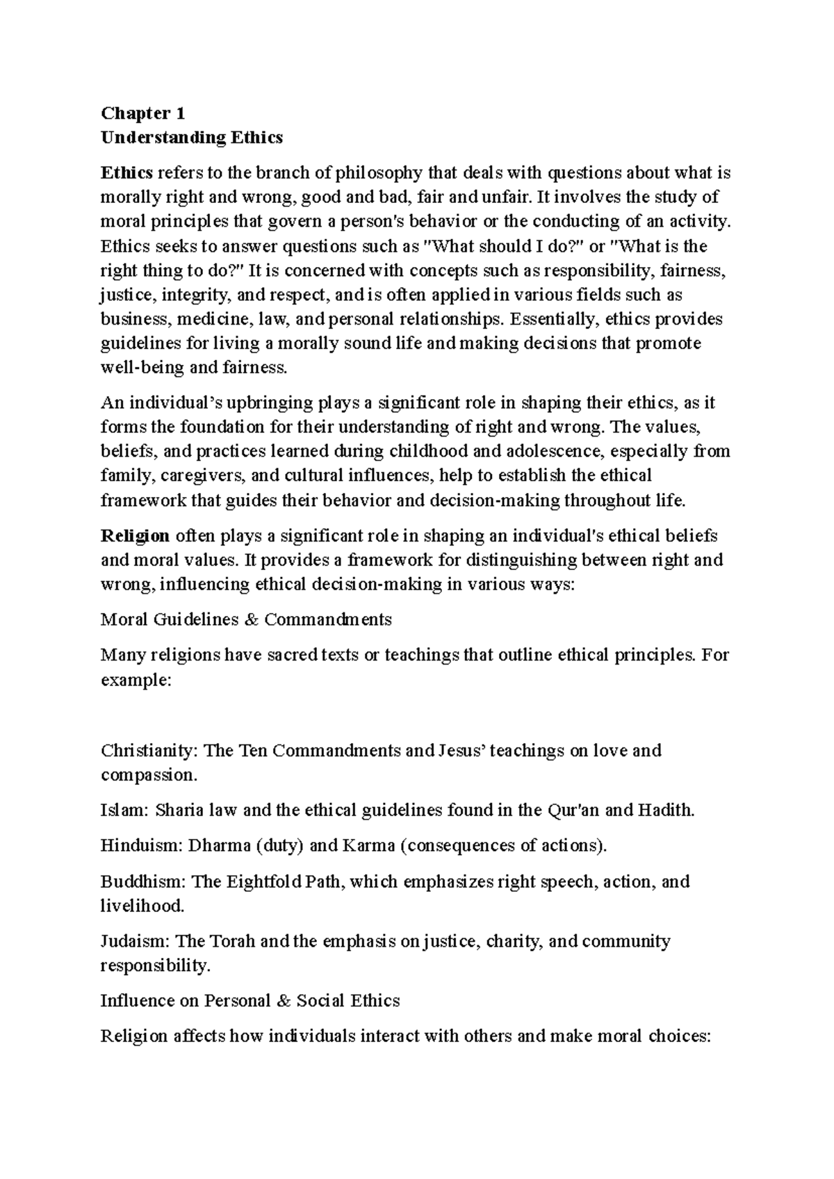 Chapter 1: Understanding Ethics - Summary Revision Notes for BE - Studocu