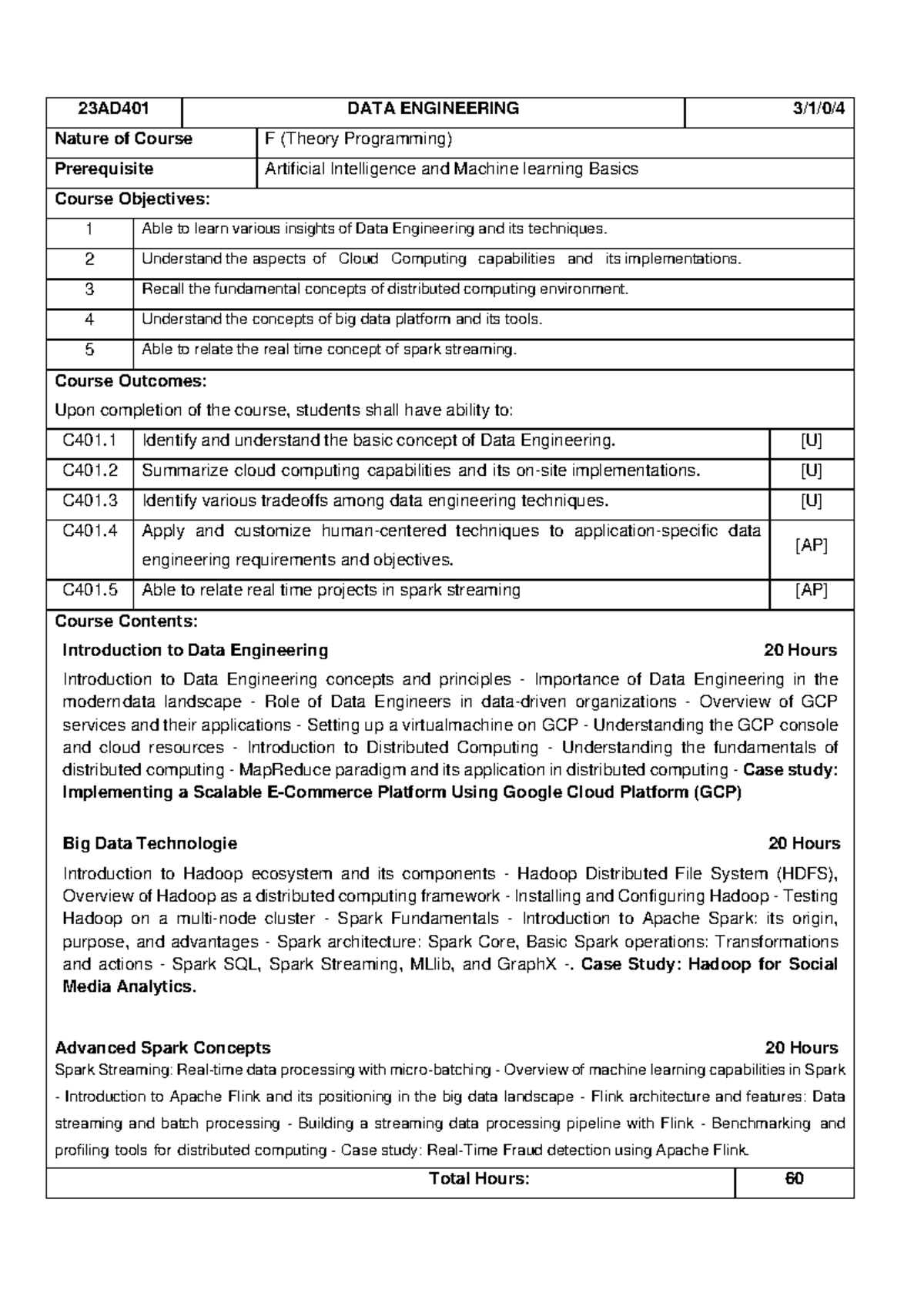 23AD401 DATA ENGINEERING Syllabus: Course F Overview & Objectives - Studocu