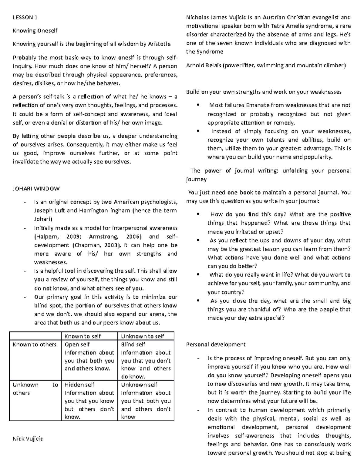 PERSONAL DEVELOPMENT: Lesson 1 - Self-Discovery and Growth - Document Preview