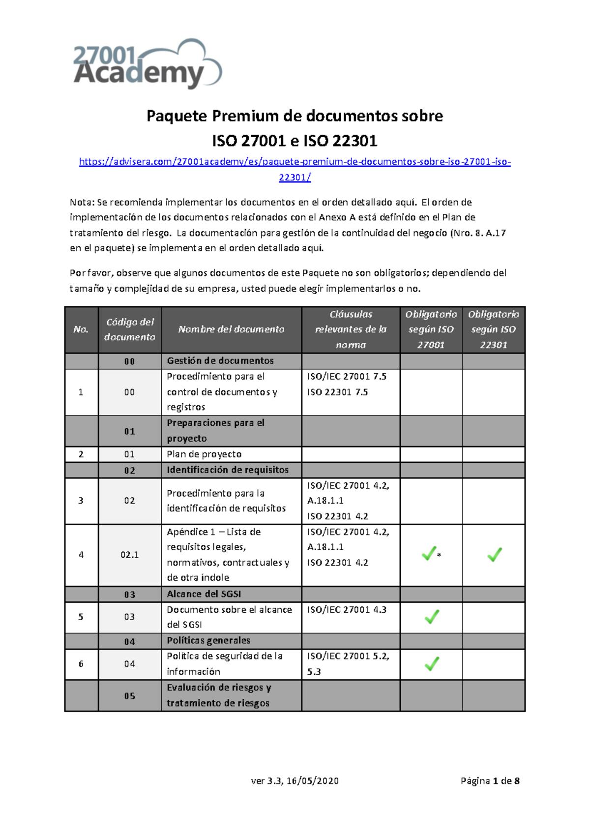 Lista de documentos Paquete Premium ISO 27001 e ISO 22301 ES - Paquete ...