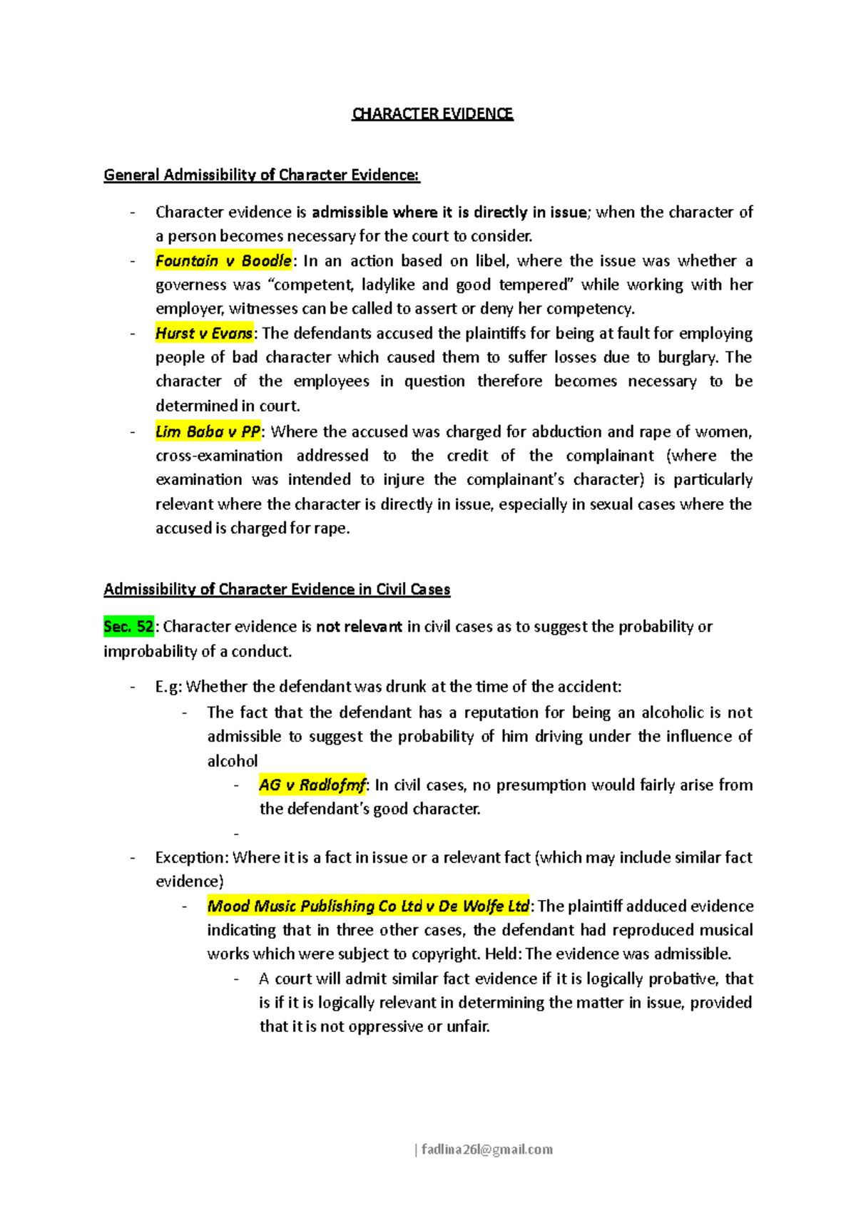 Character Evidence - I based my notes on seniors' notes and lecturer's ...