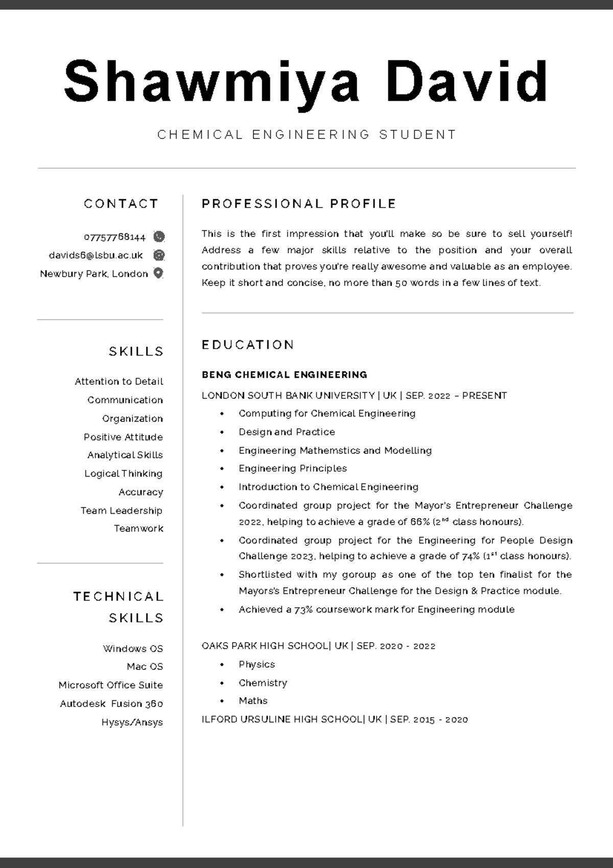 CV assignment - Shawmiya David C H E M I C A L E N G I N E E R I N G S ...