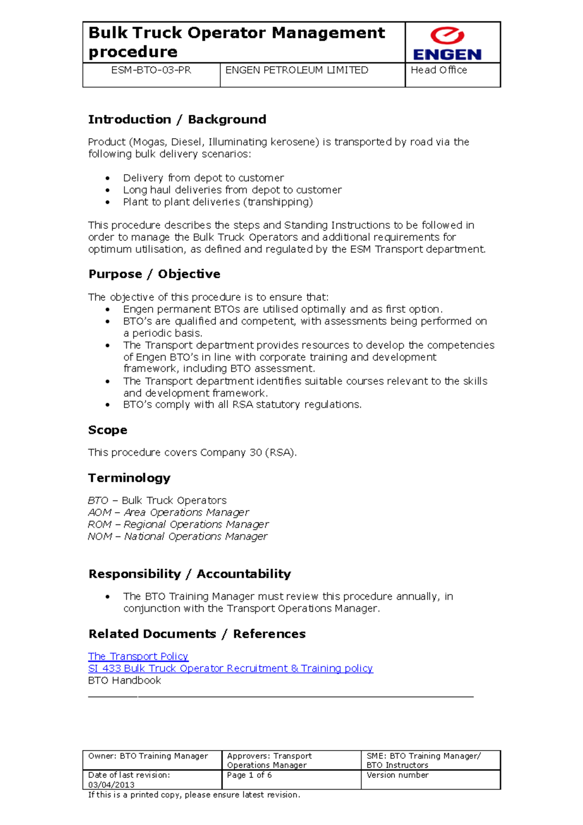 ESM-BTO-03: Bulk Truck Operator Management Procedure Guide - Studocu