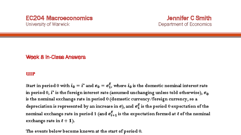 EC204 Macroeconomics In-Class Answers: Week 8 UIP Analysis - Studocu