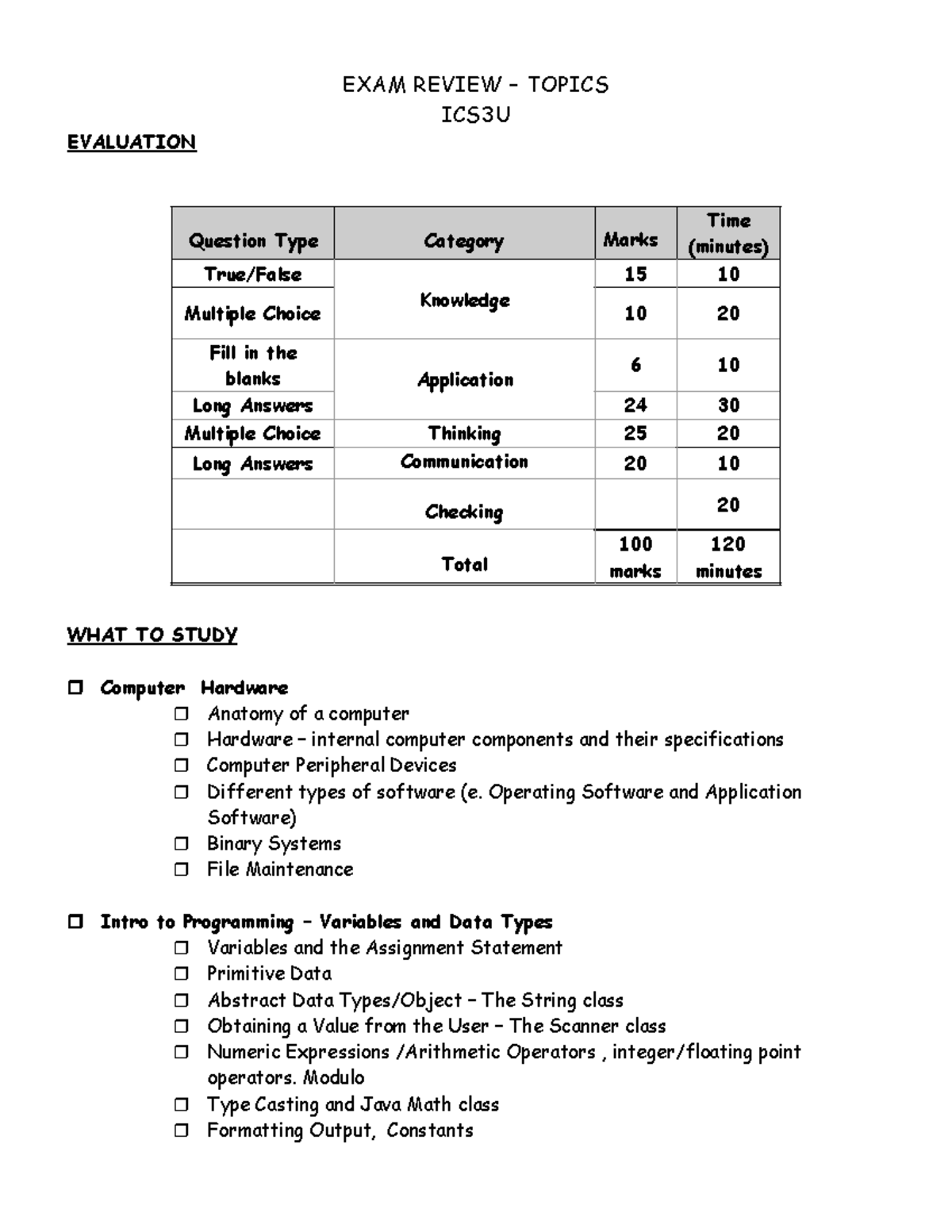 ICS 3U Exam Review: Key Topics and Evaluation Criteria - Studocu