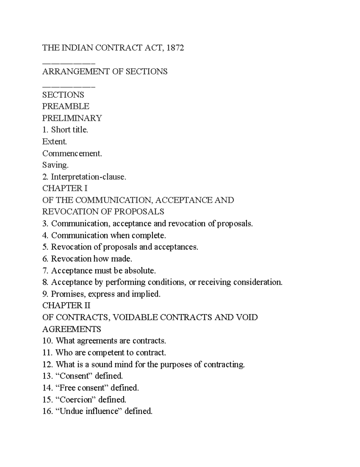 Indian Contract Act, 1872: Comprehensive Section Overview - Studocu
