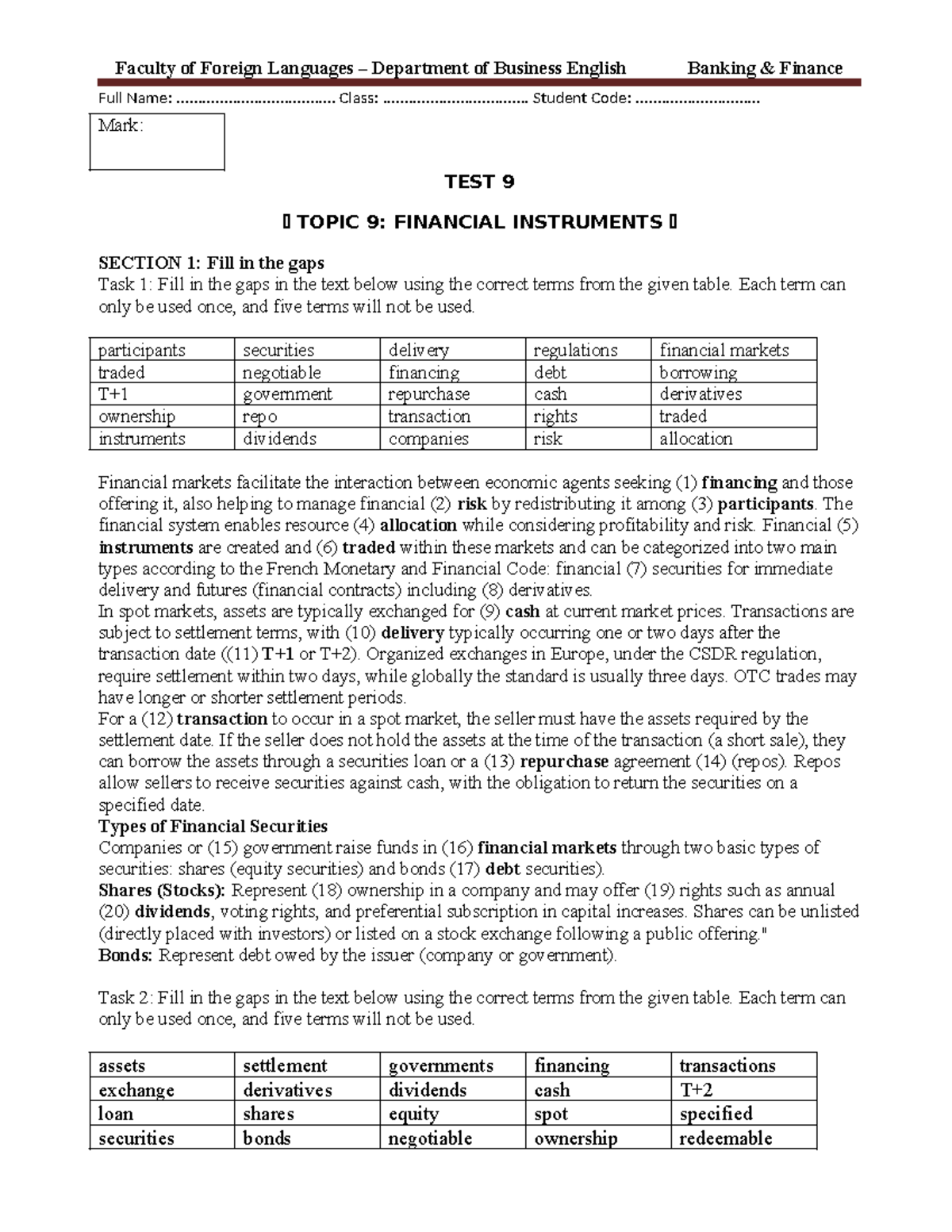 Unit 9 - Test 9: Financial Instruments Notes for Business English - Studocu