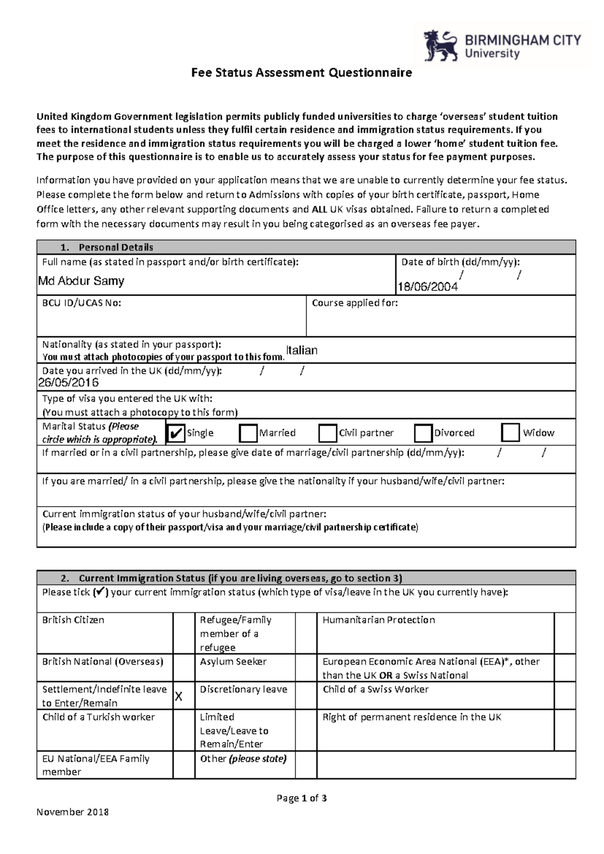 BCU Fee Status Assessment Questionnaire for International Students ...