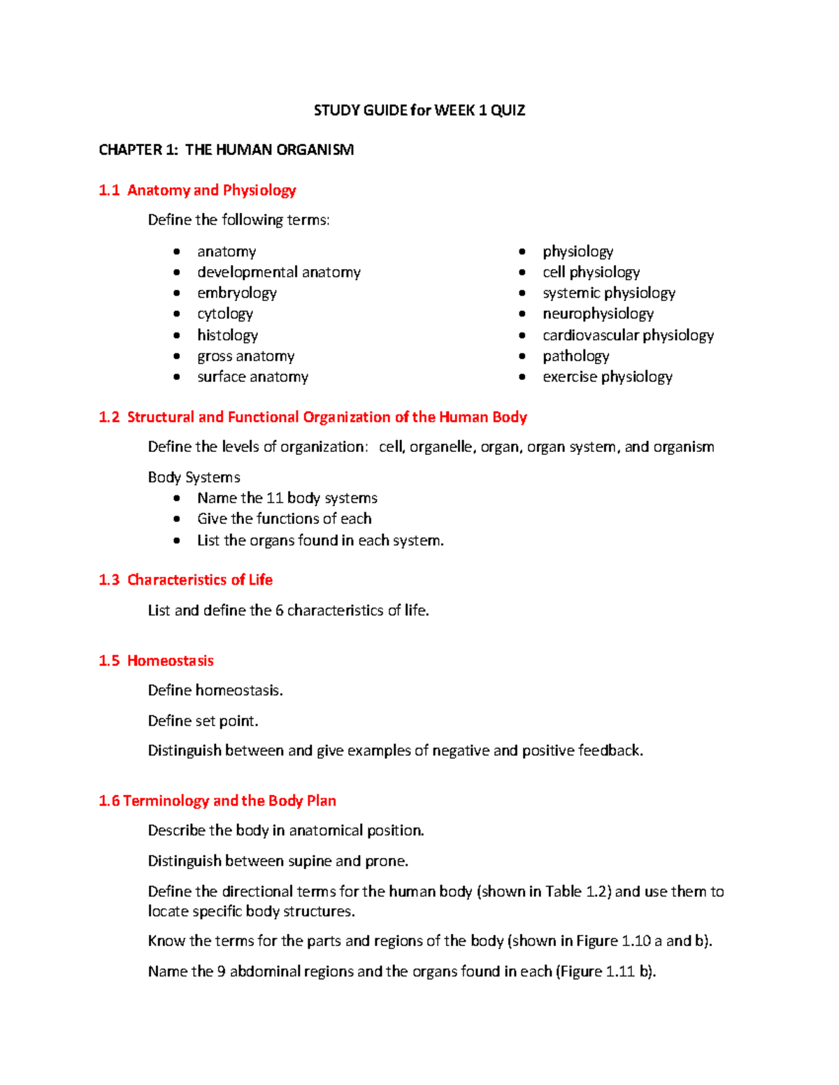 STUDY GUIDE for WEEK 1 QUIZ: CHAPTER 1 - THE HUMAN ORGANISM - Studocu
