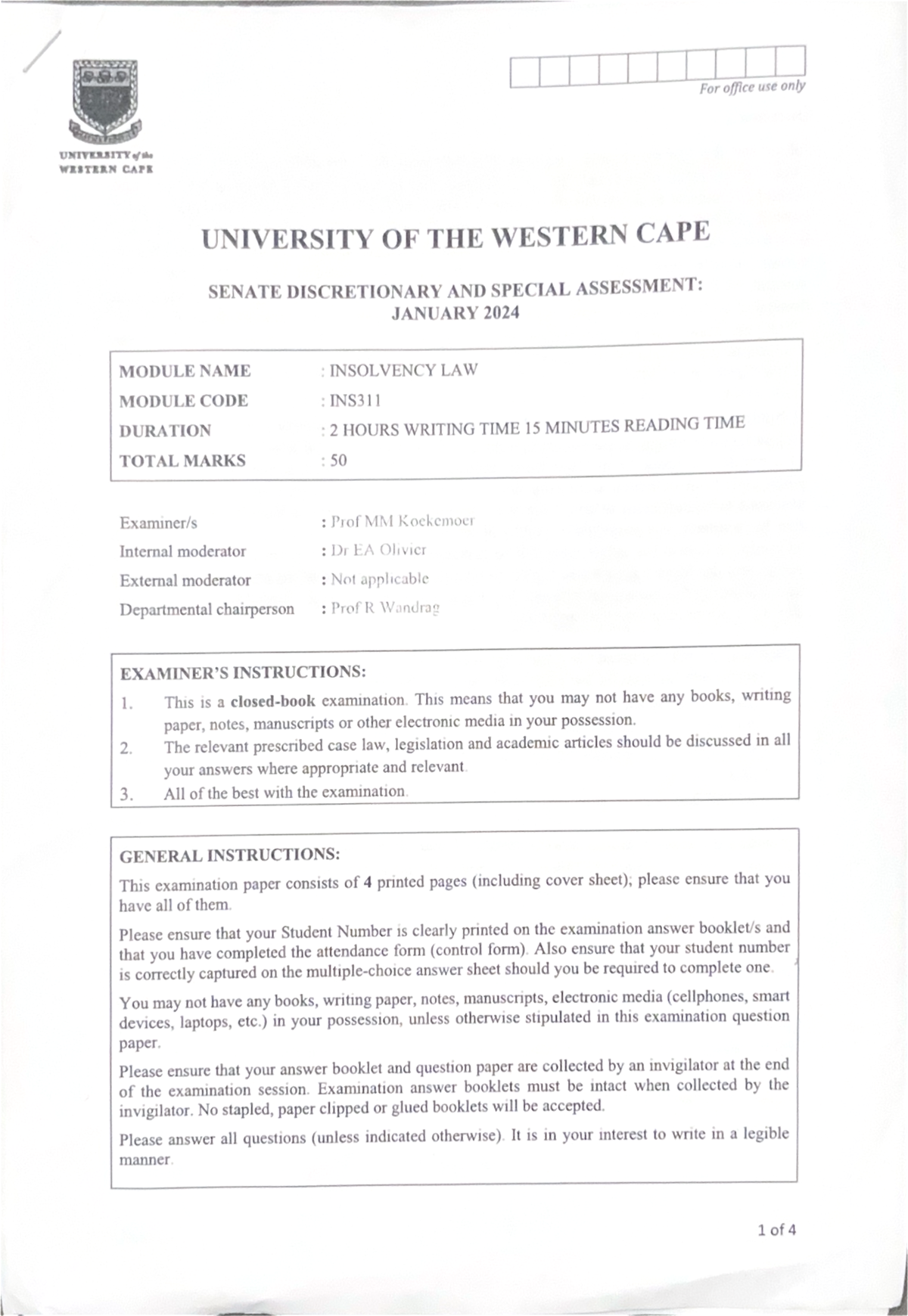 INS SDA 2025 JANUARY QUESTION PAPER - For office use only UNIVERSITY ...