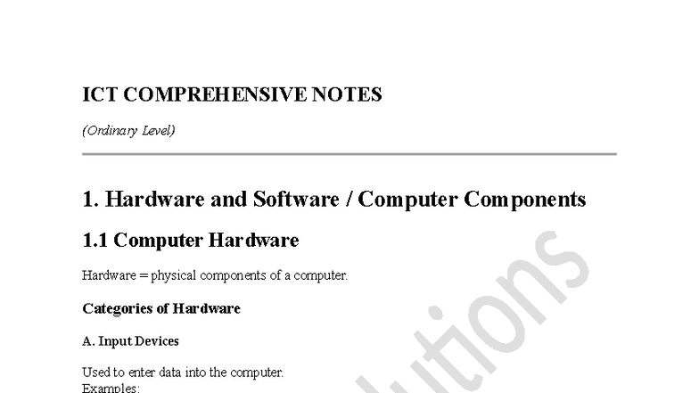 FORM 4 ICT COMPREHENSIVE NOTES: Hardware, Software & Networks - Studocu