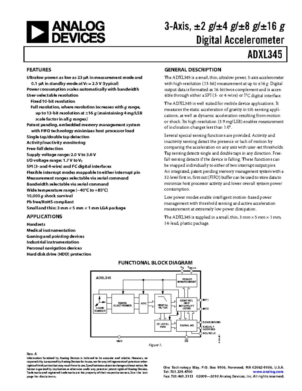 FPGA - g Digital Accelerometer ADXL345 FEATURES GENERAL DESCRIPTION ...