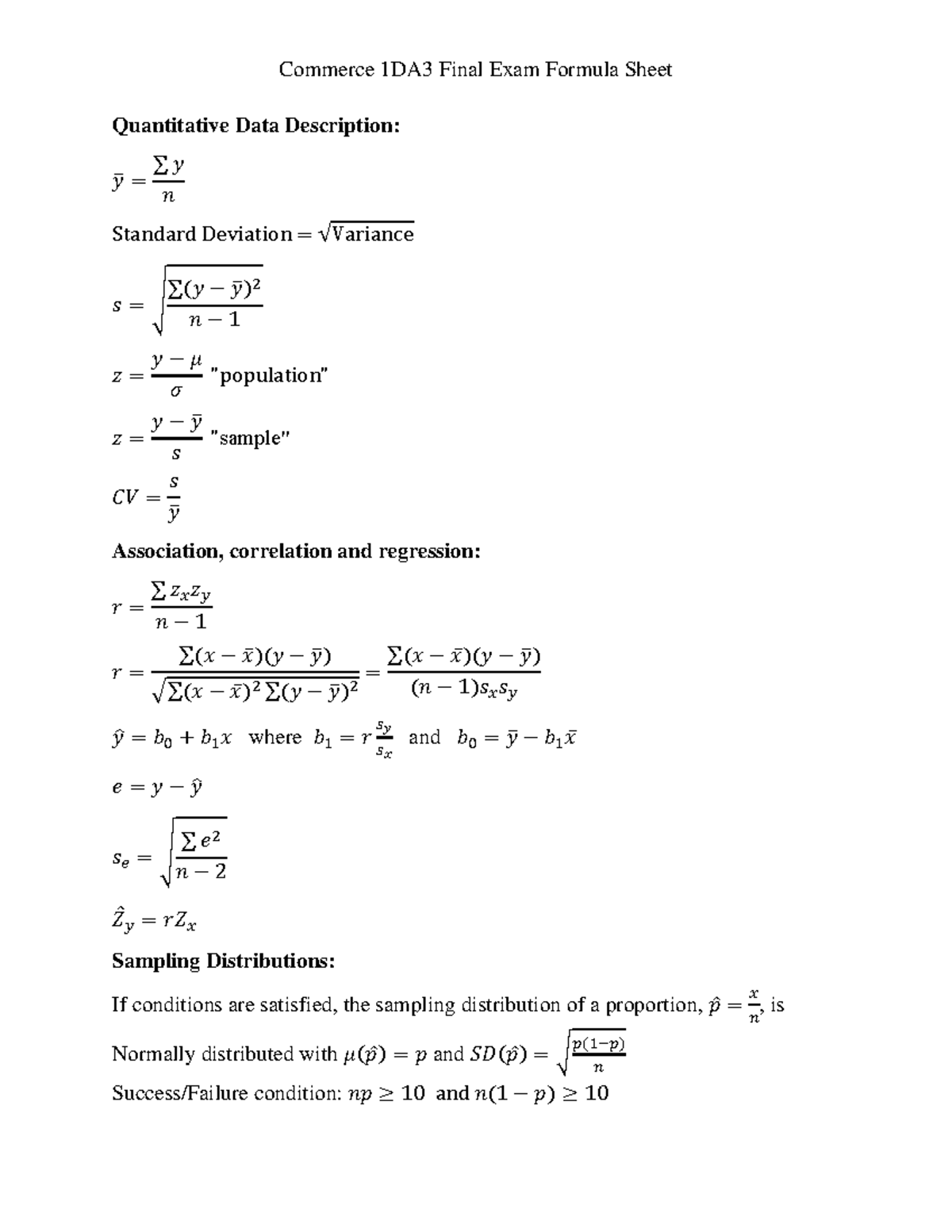 Final Exam Formula Sheet - Quantitative Data Description: þ̅ = ∑þ ÿ ...