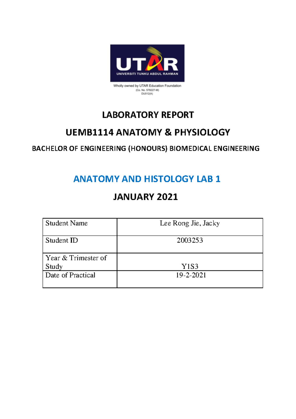 UEMB1114 Anatomy & Physiology Lab 1 Practical Report - Studocu