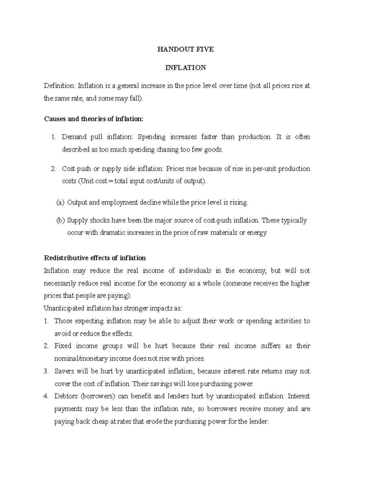 Inflation Overview and Theories: Handout FIVE Summary - Studocu