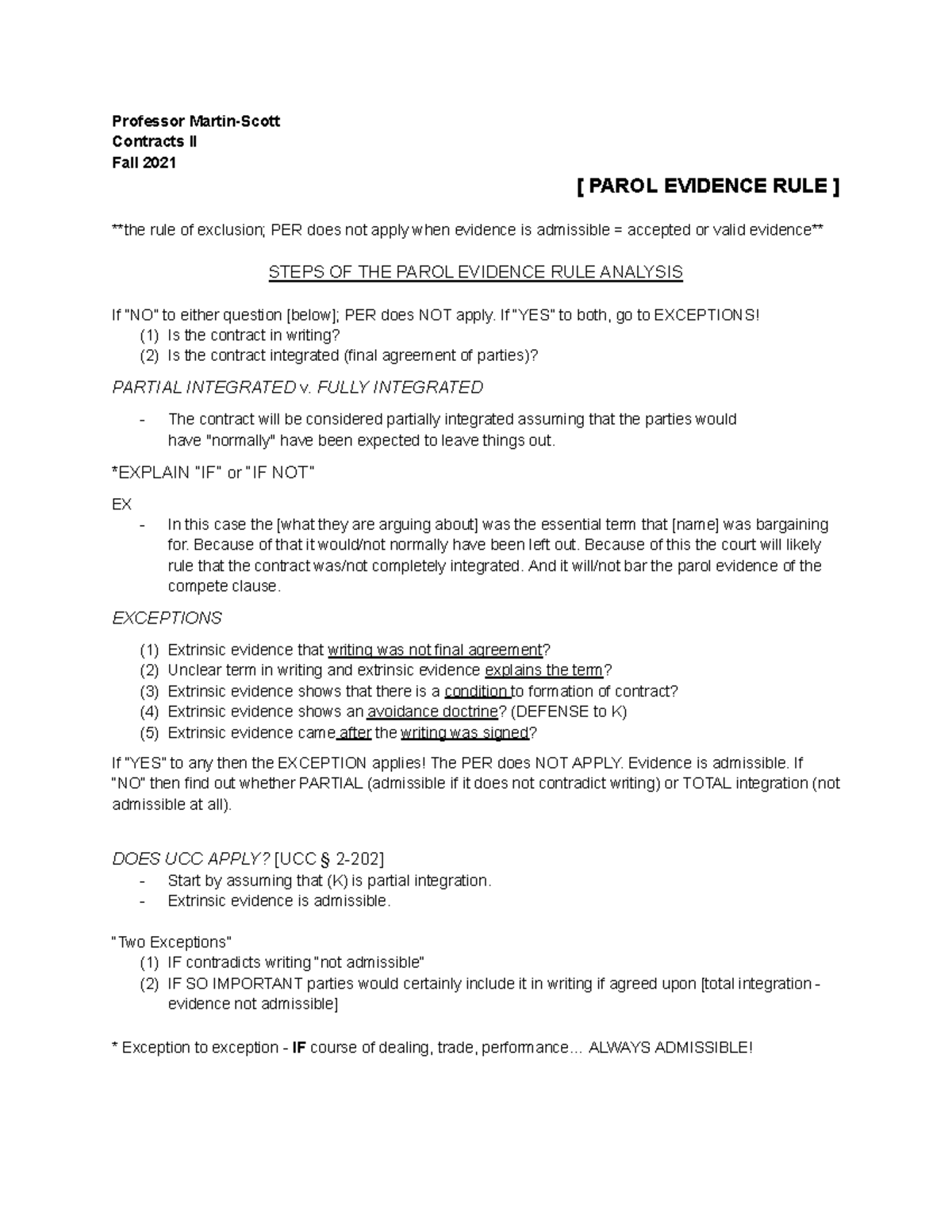 Contracts II Fall 2021: Parol Evidence Rule & Conditions Analysis - Studocu