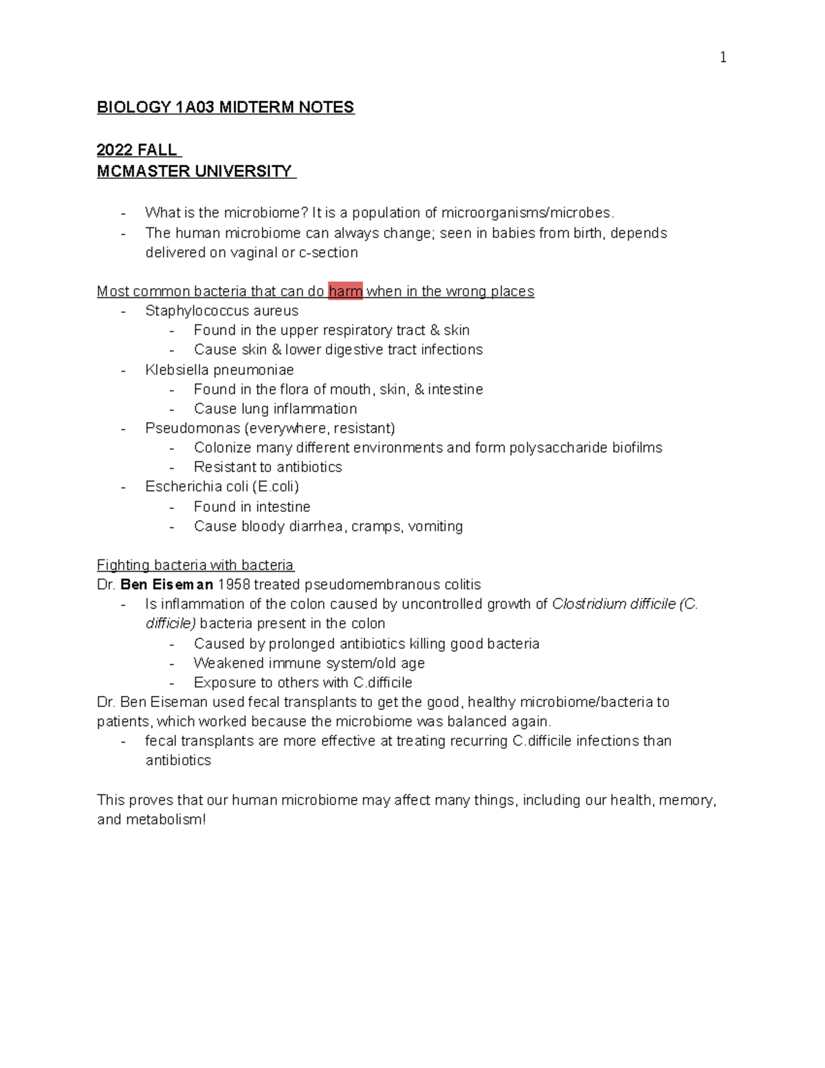 Biology 1A03 Midterm Study Guide: Key Concepts and Notes - Studocu
