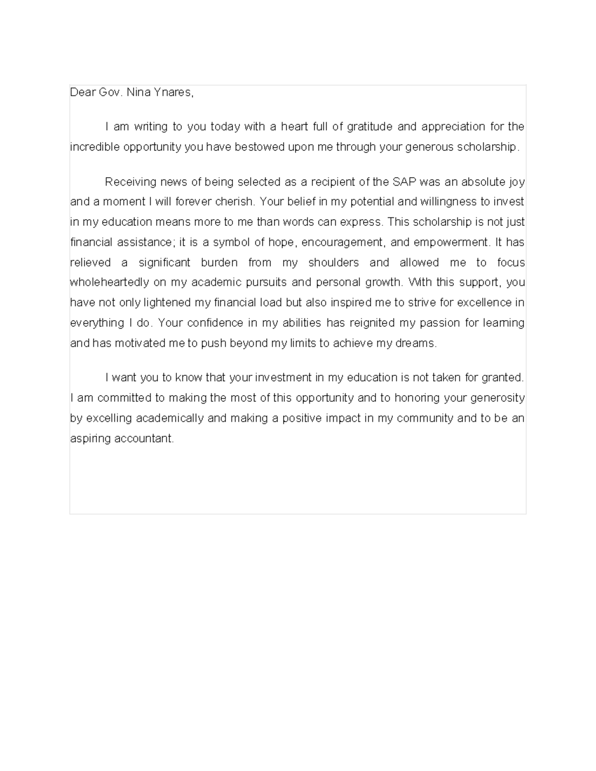 GOB - Scholarship Appreciation Letter to Gov. Nina Ynares - Studocu