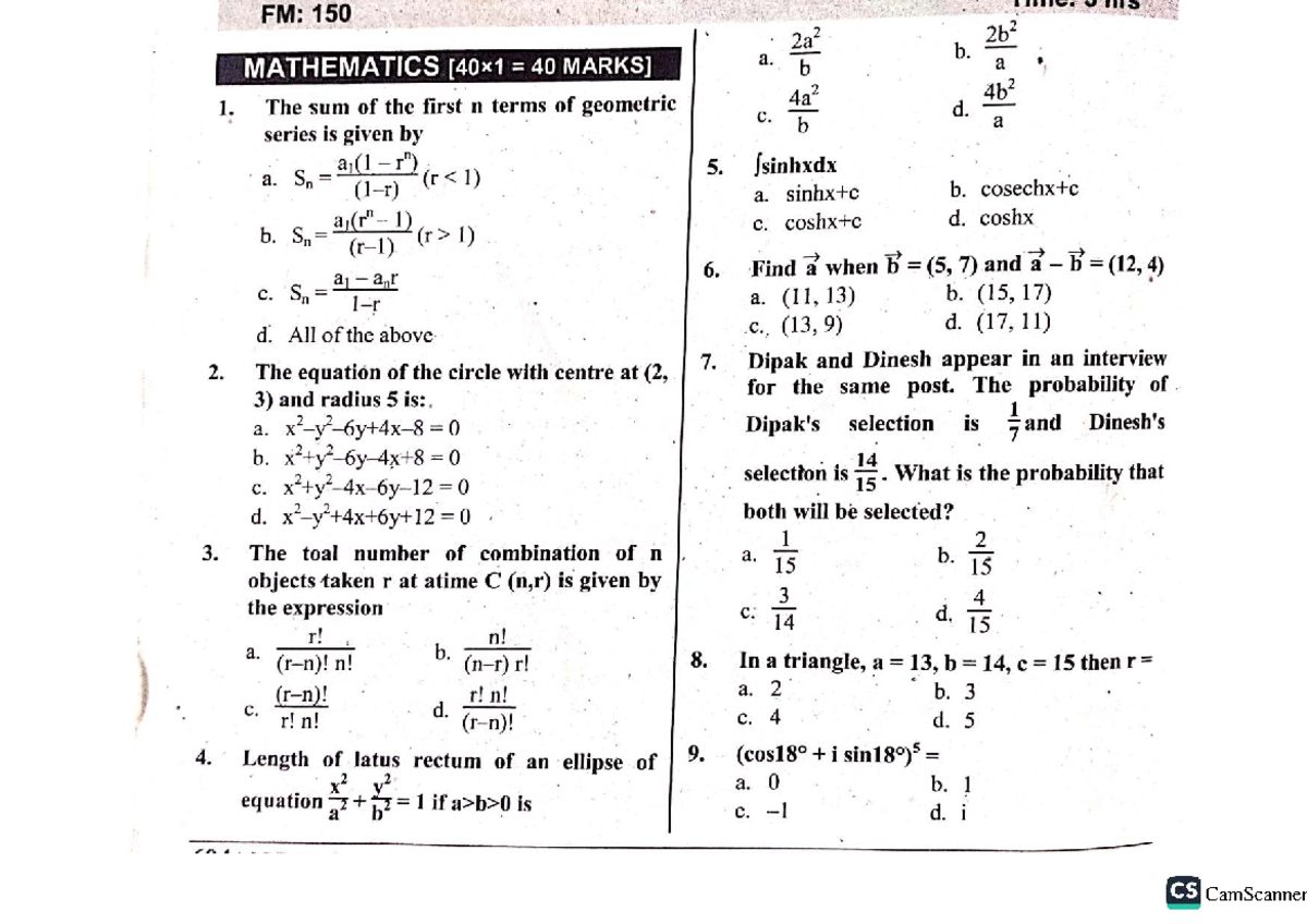 FM: 150 MATHEMATICS 40 Set 5 Solutions and Hints - Studocu