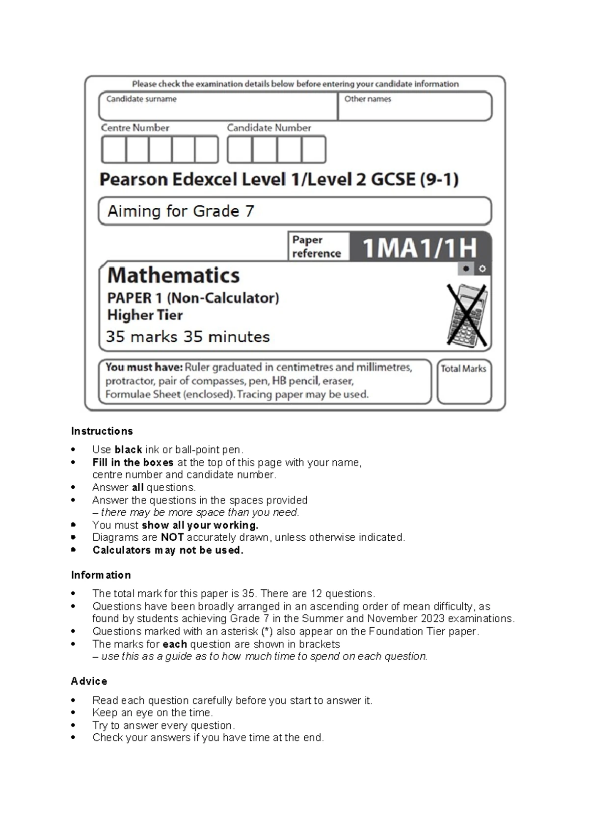 02a 1MA1 2H Spring 2024 Exam Paper: Aiming for Grade 7 (Total 33 Marks ...