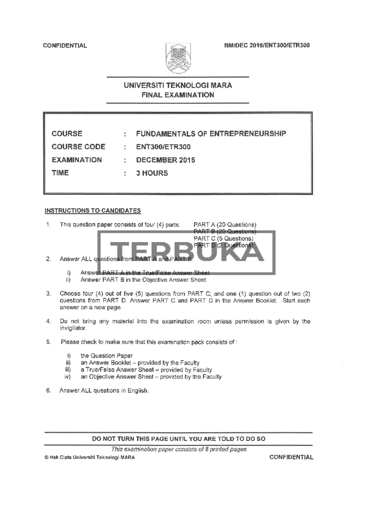 ENT300 Final Exam: Fundamentals of Entrepreneurship - Dec 2015 - Studocu